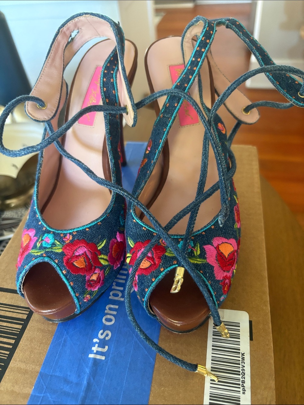 Betsy Johnson Embroidered Denim Lace-Up Peep-Toe Heels